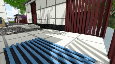 Memleketin peyzaj tasarımının 3 boyutlu görüntüsü. Bölgenin peyzajı. Bileşik peyzaj ve peyzaj çözümlerinin bilgisayar görselleştirmesi. Beyaz bahçe.