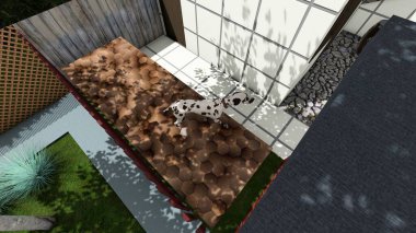 Memleketin peyzaj tasarımının 3 boyutlu görüntüsü. Bölgenin peyzajı. Bileşik peyzaj ve peyzaj çözümlerinin bilgisayar görselleştirmesi. Beyaz bahçe.