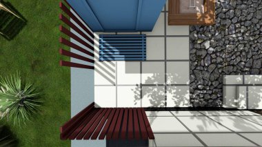 Memleketin peyzaj tasarımının 3 boyutlu görüntüsü. Bölgenin peyzajı. Bileşik peyzaj ve peyzaj çözümlerinin bilgisayar görselleştirmesi. Beyaz bahçe.