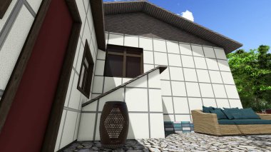 Memleketin peyzaj tasarımının 3 boyutlu görüntüsü. Bölgenin peyzajı. Bileşik peyzaj ve peyzaj çözümlerinin bilgisayar görselleştirmesi. Beyaz bahçe.