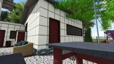 Memleketin peyzaj tasarımının 3 boyutlu görüntüsü. Bölgenin peyzajı. Bileşik peyzaj ve peyzaj çözümlerinin bilgisayar görselleştirmesi. Beyaz bahçe.