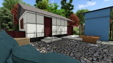 Memleketin peyzaj tasarımının 3 boyutlu görüntüsü. Bölgenin peyzajı. Bileşik peyzaj ve peyzaj çözümlerinin bilgisayar görselleştirmesi. Beyaz bahçe.