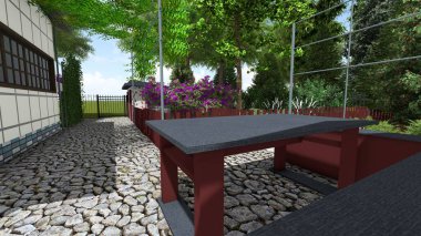 Memleketin peyzaj tasarımının 3 boyutlu görüntüsü. Bölgenin peyzajı. Bileşik peyzaj ve peyzaj çözümlerinin bilgisayar görselleştirmesi. Beyaz bahçe.