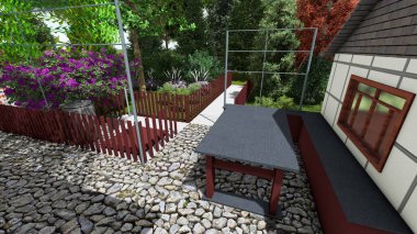 Memleketin peyzaj tasarımının 3 boyutlu görüntüsü. Bölgenin peyzajı. Bileşik peyzaj ve peyzaj çözümlerinin bilgisayar görselleştirmesi. Beyaz bahçe.