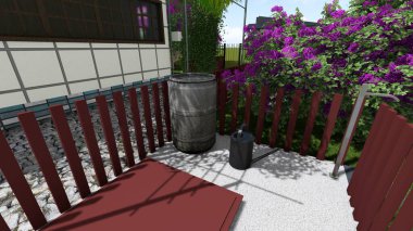 Memleketin peyzaj tasarımının 3 boyutlu görüntüsü. Bölgenin peyzajı. Bileşik peyzaj ve peyzaj çözümlerinin bilgisayar görselleştirmesi. Beyaz bahçe.