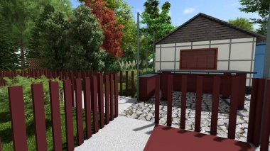 Memleketin peyzaj tasarımının 3 boyutlu görüntüsü. Bölgenin peyzajı. Bileşik peyzaj ve peyzaj çözümlerinin bilgisayar görselleştirmesi. Beyaz bahçe.