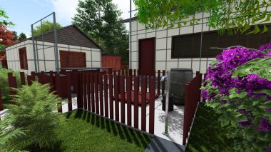 Memleketin peyzaj tasarımının 3 boyutlu görüntüsü. Bölgenin peyzajı. Bileşik peyzaj ve peyzaj çözümlerinin bilgisayar görselleştirmesi. Beyaz bahçe.