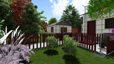 Memleketin peyzaj tasarımının 3 boyutlu görüntüsü. Bölgenin peyzajı. Bileşik peyzaj ve peyzaj çözümlerinin bilgisayar görselleştirmesi. Beyaz bahçe.