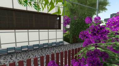 Memleketin peyzaj tasarımının 3 boyutlu görüntüsü. Bölgenin peyzajı. Bileşik peyzaj ve peyzaj çözümlerinin bilgisayar görselleştirmesi. Beyaz bahçe.