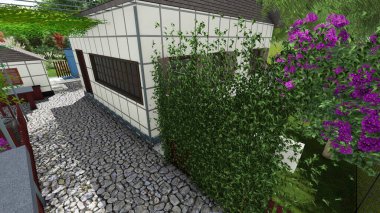 Memleketin peyzaj tasarımının 3 boyutlu görüntüsü. Bölgenin peyzajı. Bileşik peyzaj ve peyzaj çözümlerinin bilgisayar görselleştirmesi. Beyaz bahçe.