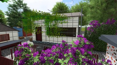 Memleketin peyzaj tasarımının 3 boyutlu görüntüsü. Bölgenin peyzajı. Bileşik peyzaj ve peyzaj çözümlerinin bilgisayar görselleştirmesi. Beyaz bahçe.