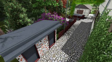 Memleketin peyzaj tasarımının 3 boyutlu görüntüsü. Bölgenin peyzajı. Bileşik peyzaj ve peyzaj çözümlerinin bilgisayar görselleştirmesi. Beyaz bahçe.