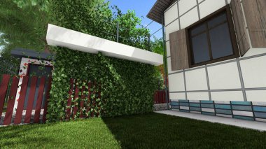 Memleketin peyzaj tasarımının 3 boyutlu görüntüsü. Bölgenin peyzajı. Bileşik peyzaj ve peyzaj çözümlerinin bilgisayar görselleştirmesi. Beyaz bahçe.