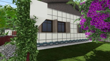 Memleketin peyzaj tasarımının 3 boyutlu görüntüsü. Bölgenin peyzajı. Bileşik peyzaj ve peyzaj çözümlerinin bilgisayar görselleştirmesi. Beyaz bahçe.