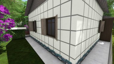 Memleketin peyzaj tasarımının 3 boyutlu görüntüsü. Bölgenin peyzajı. Bileşik peyzaj ve peyzaj çözümlerinin bilgisayar görselleştirmesi. Beyaz bahçe.