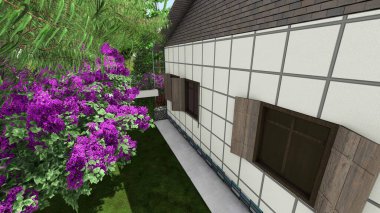 Memleketin peyzaj tasarımının 3 boyutlu görüntüsü. Bölgenin peyzajı. Bileşik peyzaj ve peyzaj çözümlerinin bilgisayar görselleştirmesi. Beyaz bahçe.