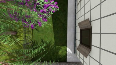 Memleketin peyzaj tasarımının 3 boyutlu görüntüsü. Bölgenin peyzajı. Bileşik peyzaj ve peyzaj çözümlerinin bilgisayar görselleştirmesi. Beyaz bahçe.