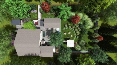 Memleketin peyzaj tasarımının 3 boyutlu görüntüsü. Bölgenin peyzajı. Bileşik peyzaj ve peyzaj çözümlerinin bilgisayar görselleştirmesi. Beyaz bahçe.