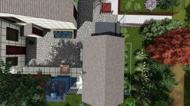 Memleketin peyzaj tasarımının 3 boyutlu görüntüsü. Bölgenin peyzajı. Bileşik peyzaj ve peyzaj çözümlerinin bilgisayar görselleştirmesi. Beyaz bahçe.