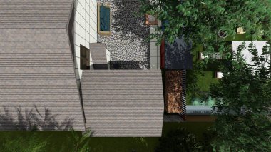 Memleketin peyzaj tasarımının 3 boyutlu görüntüsü. Bölgenin peyzajı. Bileşik peyzaj ve peyzaj çözümlerinin bilgisayar görselleştirmesi. Beyaz bahçe.