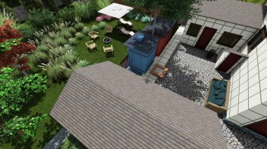 Memleketin peyzaj tasarımının 3 boyutlu görüntüsü. Bölgenin peyzajı. Bileşik peyzaj ve peyzaj çözümlerinin bilgisayar görselleştirmesi. Beyaz bahçe.