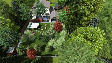 Memleketin peyzaj tasarımının 3 boyutlu görüntüsü. Bölgenin peyzajı. Bileşik peyzaj ve peyzaj çözümlerinin bilgisayar görselleştirmesi. Beyaz bahçe.