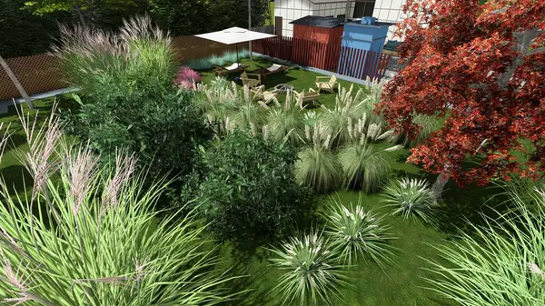 Memleketin peyzaj tasarımının 3 boyutlu görüntüsü. Bölgenin peyzajı. Bileşik peyzaj ve peyzaj çözümlerinin bilgisayar görselleştirmesi. Beyaz bahçe.