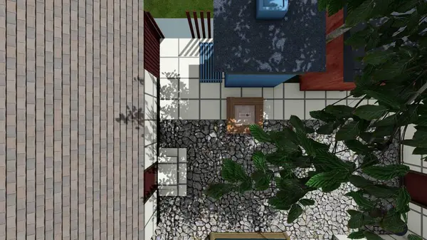 Memleketin peyzaj tasarımının 3 boyutlu görüntüsü. Bölgenin peyzajı. Bileşik peyzaj ve peyzaj çözümlerinin bilgisayar görselleştirmesi. Beyaz bahçe.