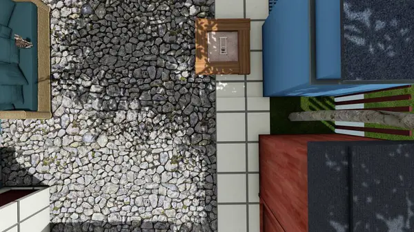 Memleketin peyzaj tasarımının 3 boyutlu görüntüsü. Bölgenin peyzajı. Bileşik peyzaj ve peyzaj çözümlerinin bilgisayar görselleştirmesi. Beyaz bahçe.