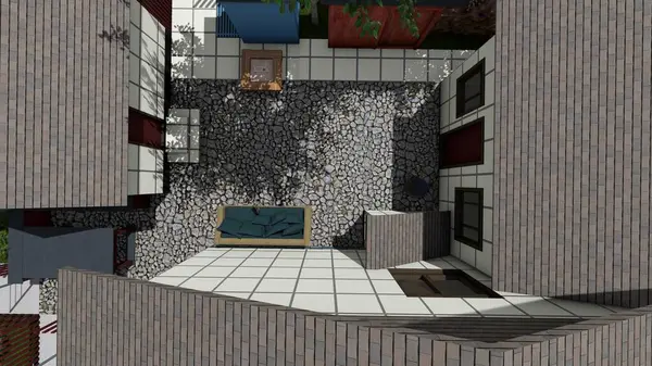 Memleketin peyzaj tasarımının 3 boyutlu görüntüsü. Bölgenin peyzajı. Bileşik peyzaj ve peyzaj çözümlerinin bilgisayar görselleştirmesi. Beyaz bahçe.