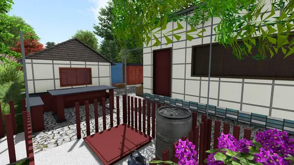 Memleketin peyzaj tasarımının 3 boyutlu görüntüsü. Bölgenin peyzajı. Bileşik peyzaj ve peyzaj çözümlerinin bilgisayar görselleştirmesi. Beyaz bahçe.