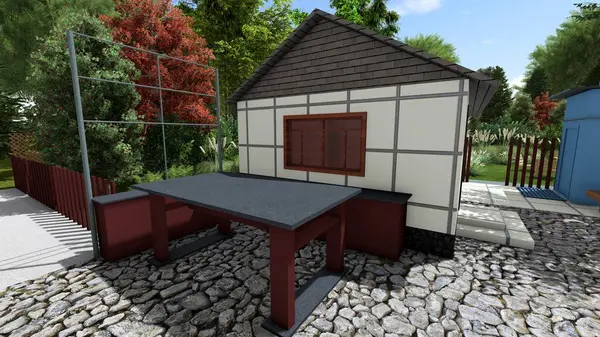 Memleketin peyzaj tasarımının 3 boyutlu görüntüsü. Bölgenin peyzajı. Bileşik peyzaj ve peyzaj çözümlerinin bilgisayar görselleştirmesi. Beyaz bahçe.