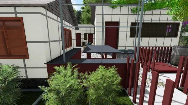 Memleketin peyzaj tasarımının 3 boyutlu görüntüsü. Bölgenin peyzajı. Bileşik peyzaj ve peyzaj çözümlerinin bilgisayar görselleştirmesi. Beyaz bahçe.