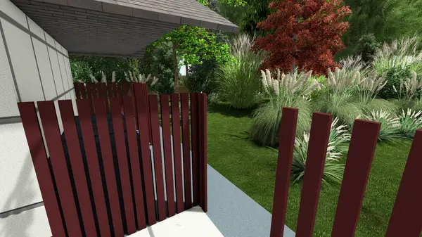 Memleketin peyzaj tasarımının 3 boyutlu görüntüsü. Bölgenin peyzajı. Bileşik peyzaj ve peyzaj çözümlerinin bilgisayar görselleştirmesi. Beyaz bahçe.