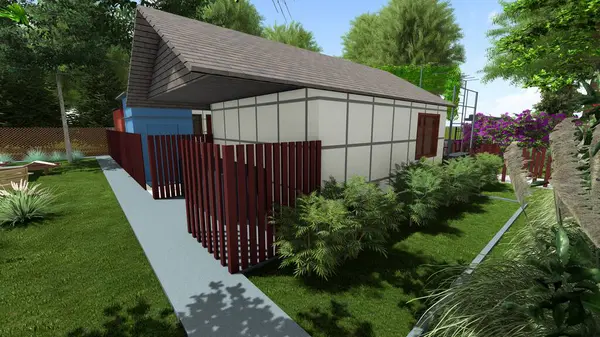 Memleketin peyzaj tasarımının 3 boyutlu görüntüsü. Bölgenin peyzajı. Bileşik peyzaj ve peyzaj çözümlerinin bilgisayar görselleştirmesi. Beyaz bahçe.