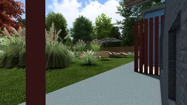 Memleketin peyzaj tasarımının 3 boyutlu görüntüsü. Bölgenin peyzajı. Bileşik peyzaj ve peyzaj çözümlerinin bilgisayar görselleştirmesi. Beyaz bahçe.