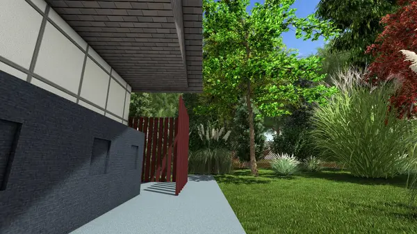 Memleketin peyzaj tasarımının 3 boyutlu görüntüsü. Bölgenin peyzajı. Bileşik peyzaj ve peyzaj çözümlerinin bilgisayar görselleştirmesi. Beyaz bahçe.