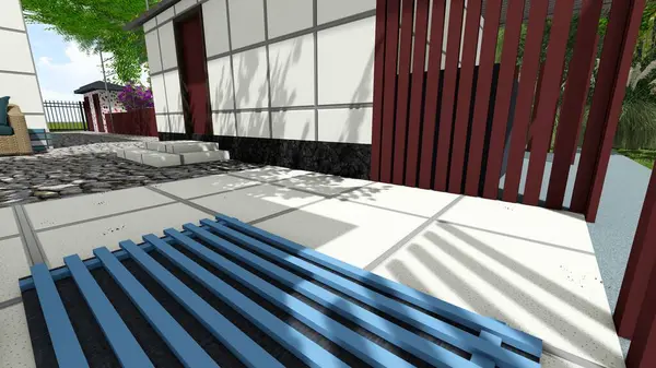 Memleketin peyzaj tasarımının 3 boyutlu görüntüsü. Bölgenin peyzajı. Bileşik peyzaj ve peyzaj çözümlerinin bilgisayar görselleştirmesi. Beyaz bahçe.