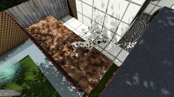 Memleketin peyzaj tasarımının 3 boyutlu görüntüsü. Bölgenin peyzajı. Bileşik peyzaj ve peyzaj çözümlerinin bilgisayar görselleştirmesi. Beyaz bahçe.