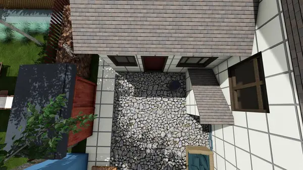 Memleketin peyzaj tasarımının 3 boyutlu görüntüsü. Bölgenin peyzajı. Bileşik peyzaj ve peyzaj çözümlerinin bilgisayar görselleştirmesi. Beyaz bahçe.