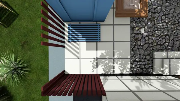 Memleketin peyzaj tasarımının 3 boyutlu görüntüsü. Bölgenin peyzajı. Bileşik peyzaj ve peyzaj çözümlerinin bilgisayar görselleştirmesi. Beyaz bahçe.