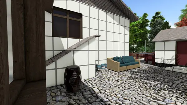 Memleketin peyzaj tasarımının 3 boyutlu görüntüsü. Bölgenin peyzajı. Bileşik peyzaj ve peyzaj çözümlerinin bilgisayar görselleştirmesi. Beyaz bahçe.