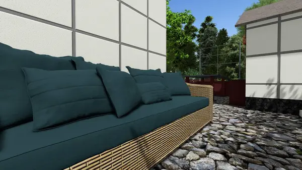 Memleketin peyzaj tasarımının 3 boyutlu görüntüsü. Bölgenin peyzajı. Bileşik peyzaj ve peyzaj çözümlerinin bilgisayar görselleştirmesi. Beyaz bahçe.