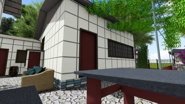 Memleketin peyzaj tasarımının 3 boyutlu görüntüsü. Bölgenin peyzajı. Bileşik peyzaj ve peyzaj çözümlerinin bilgisayar görselleştirmesi. Beyaz bahçe.