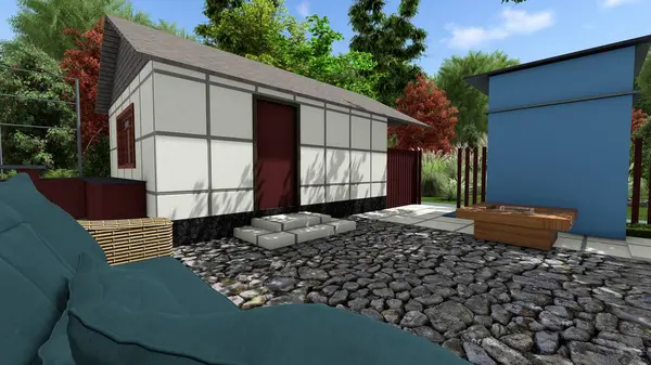 Memleketin peyzaj tasarımının 3 boyutlu görüntüsü. Bölgenin peyzajı. Bileşik peyzaj ve peyzaj çözümlerinin bilgisayar görselleştirmesi. Beyaz bahçe.