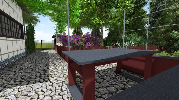 Memleketin peyzaj tasarımının 3 boyutlu görüntüsü. Bölgenin peyzajı. Bileşik peyzaj ve peyzaj çözümlerinin bilgisayar görselleştirmesi. Beyaz bahçe.