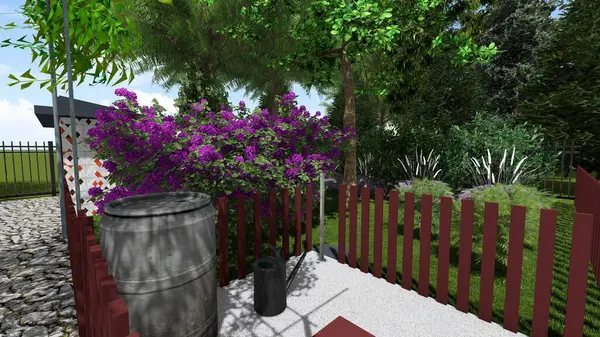 Memleketin peyzaj tasarımının 3 boyutlu görüntüsü. Bölgenin peyzajı. Bileşik peyzaj ve peyzaj çözümlerinin bilgisayar görselleştirmesi. Beyaz bahçe.