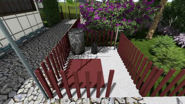 Memleketin peyzaj tasarımının 3 boyutlu görüntüsü. Bölgenin peyzajı. Bileşik peyzaj ve peyzaj çözümlerinin bilgisayar görselleştirmesi. Beyaz bahçe.