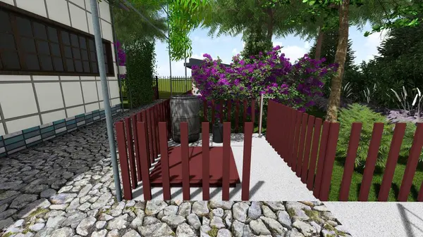 Memleketin peyzaj tasarımının 3 boyutlu görüntüsü. Bölgenin peyzajı. Bileşik peyzaj ve peyzaj çözümlerinin bilgisayar görselleştirmesi. Beyaz bahçe.