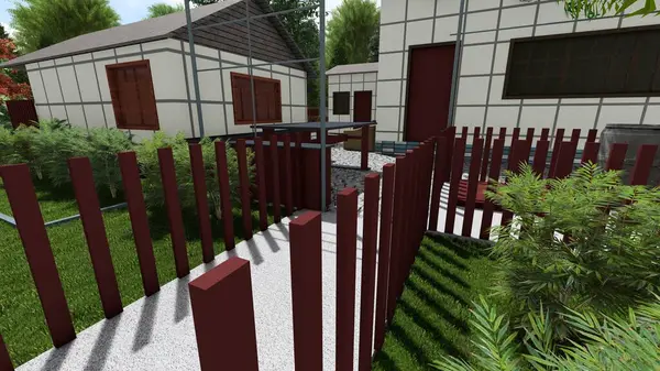 Memleketin peyzaj tasarımının 3 boyutlu görüntüsü. Bölgenin peyzajı. Bileşik peyzaj ve peyzaj çözümlerinin bilgisayar görselleştirmesi. Beyaz bahçe.